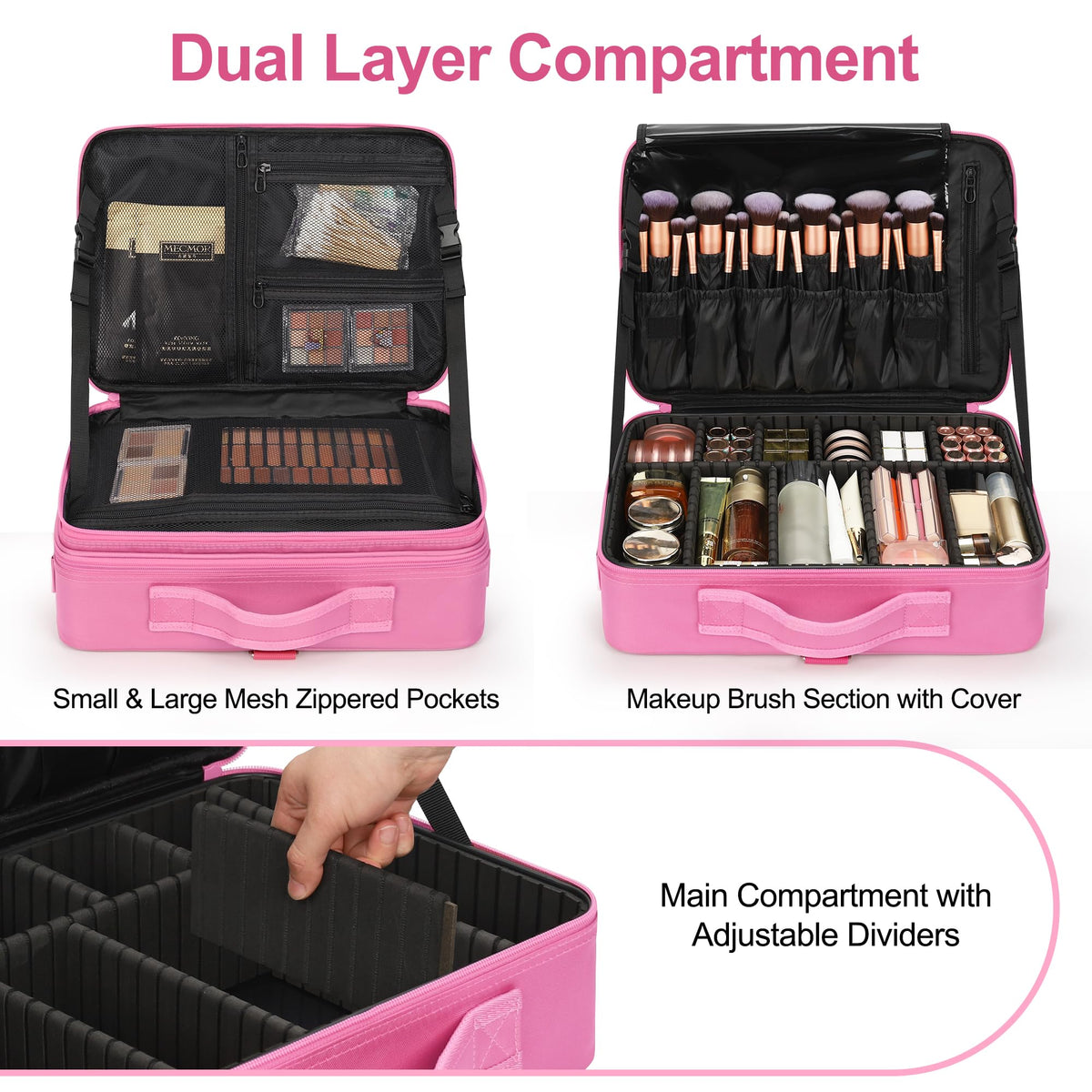 Relavel Makeup Case Large Makeup Bag Professional Train Case 16.5 inches Travel Cosmetic Organizer Brush Holder Waterproof Makeup Artist Storage Box, 3 Layer Large Capacity, with Adjustable Strap