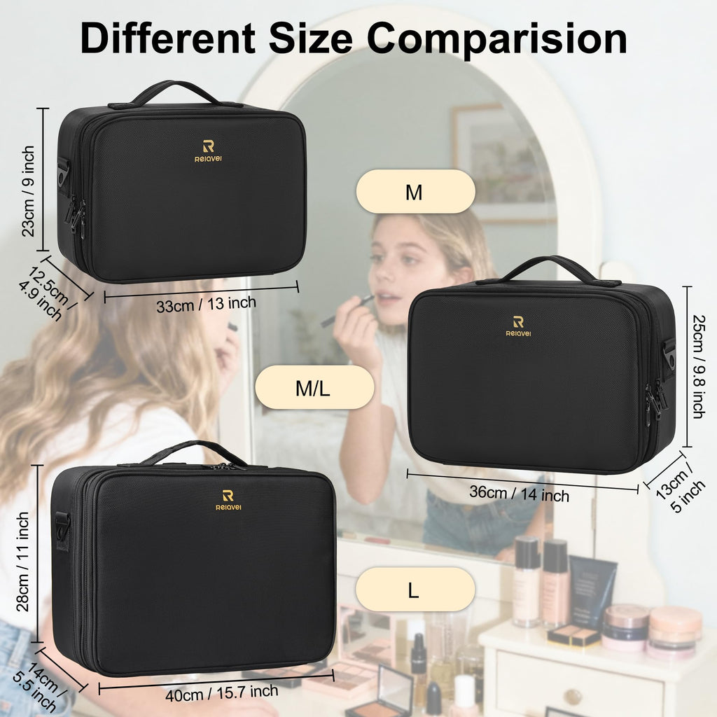 Relavel Makeup Case Large Makeup Bag Professional Train Case 16.5 inches Travel Cosmetic Organizer Brush Holder Waterproof Makeup Artist Storage Box, 3 Layer Large Capacity, with Adjustable Strap