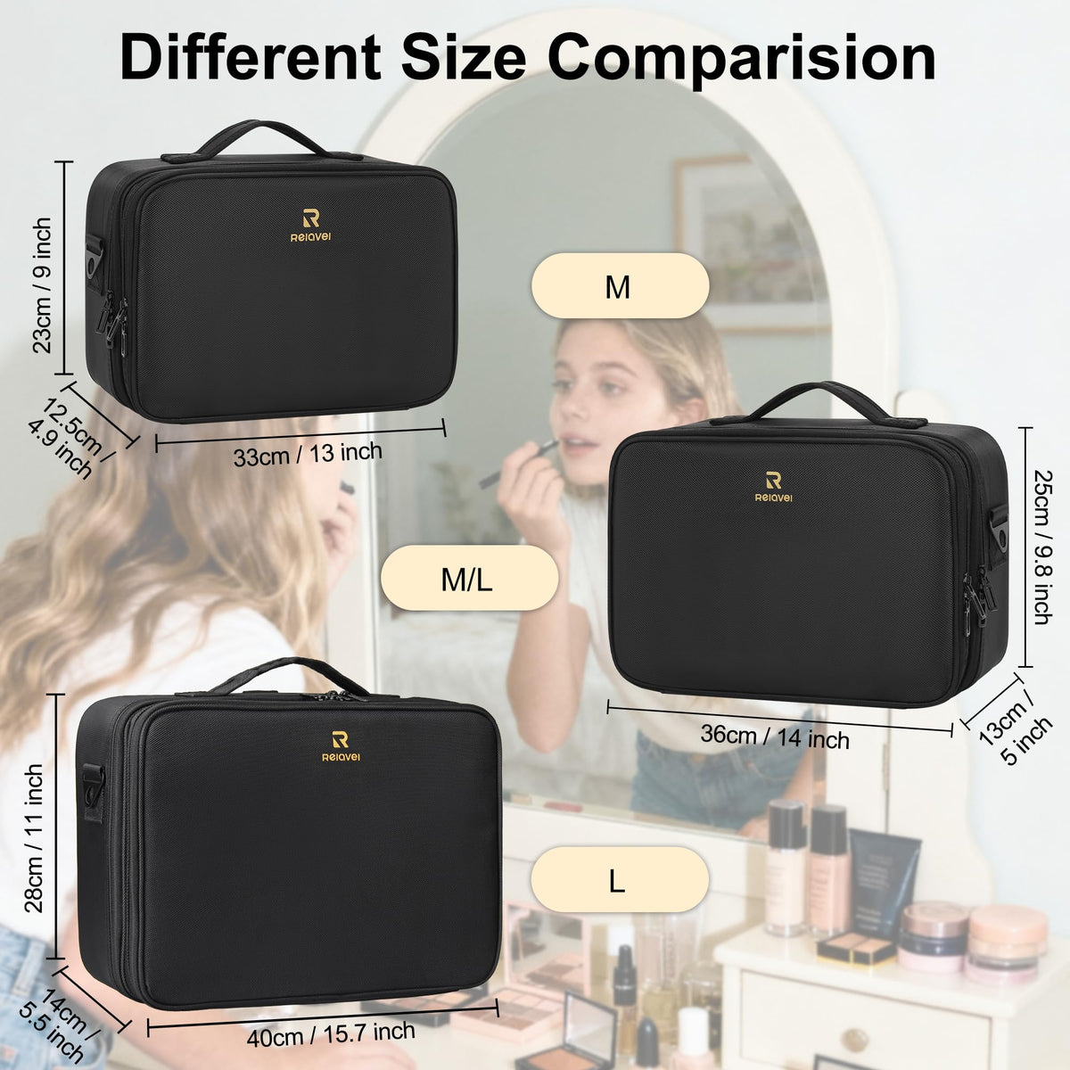 Relavel Makeup Case Large Makeup Bag Professional Train Case 16.5 inches Travel Cosmetic Organizer Brush Holder Waterproof Makeup Artist Storage Box, 3 Layer Large Capacity, with Adjustable Strap
