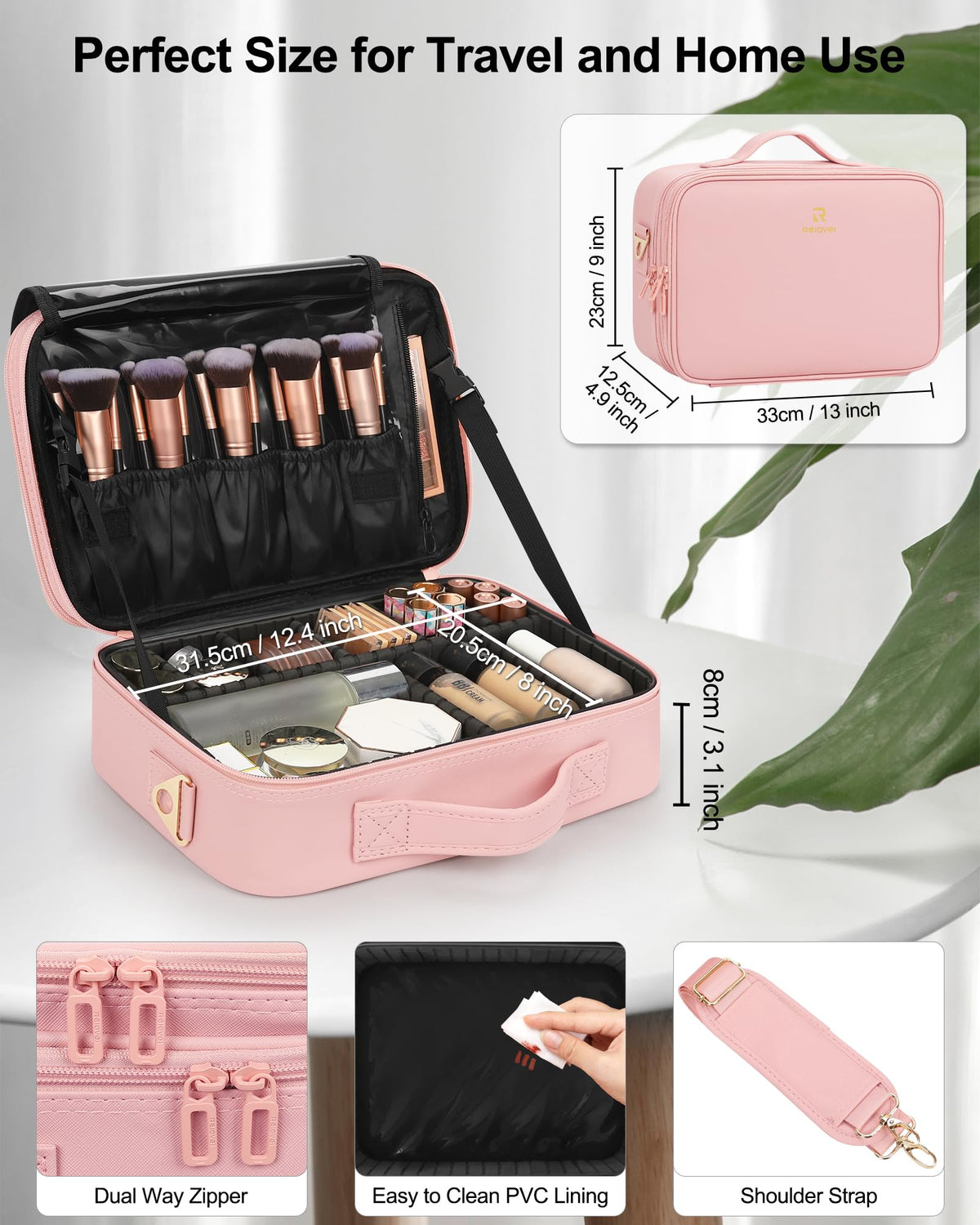 Relavel Makeup Case Large Makeup Bag Professional Train Case 16.5 inches Travel Cosmetic Organizer Brush Holder Waterproof Makeup Artist Storage Box, 3 Layer Large Capacity, with Adjustable Strap