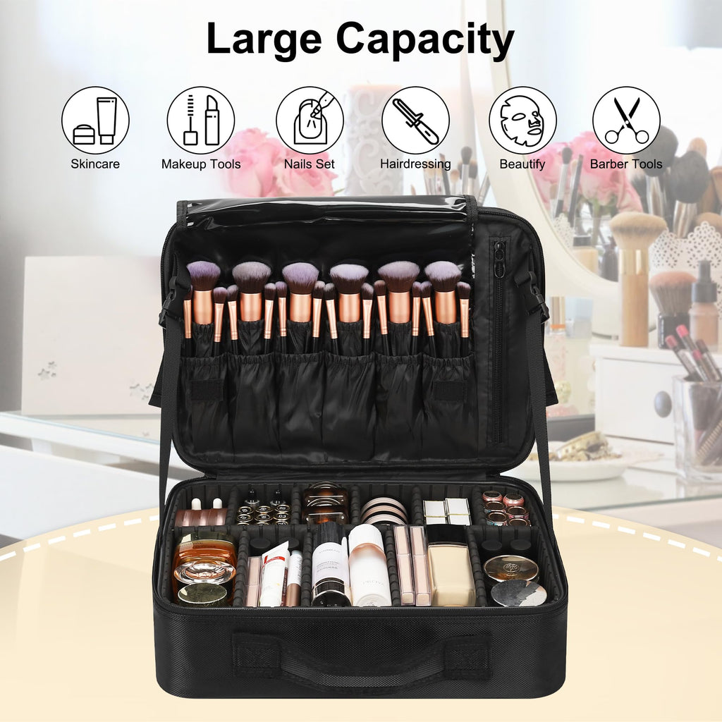 Relavel Makeup Case Large Makeup Bag Professional Train Case 16.5 inches Travel Cosmetic Organizer Brush Holder Waterproof Makeup Artist Storage Box, 3 Layer Large Capacity, with Adjustable Strap