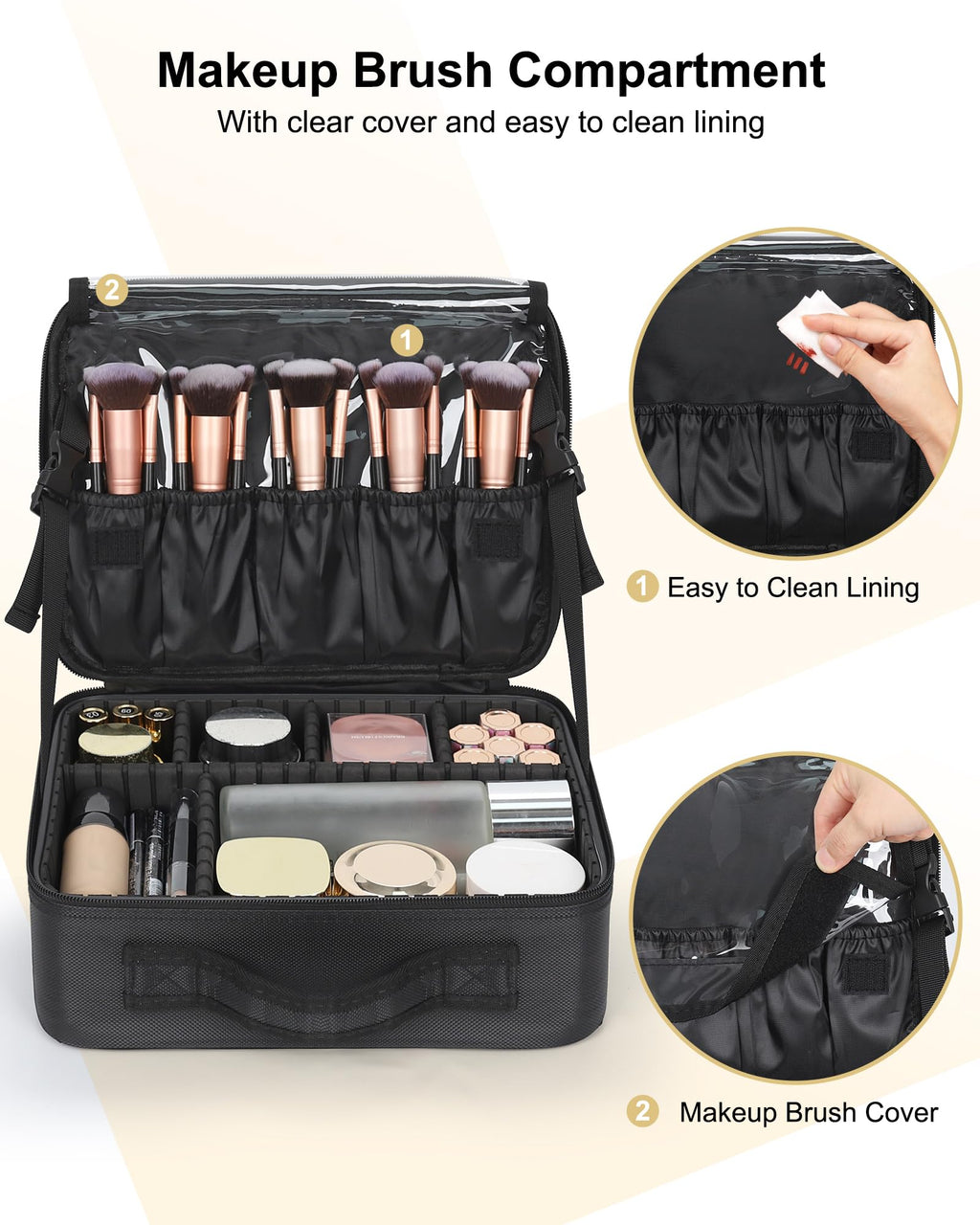 Relavel Makeup Case Large Makeup Bag Professional Train Case 16.5 inches Travel Cosmetic Organizer Brush Holder Waterproof Makeup Artist Storage Box, 3 Layer Large Capacity, with Adjustable Strap
