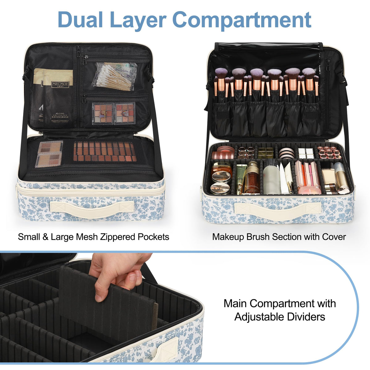 Relavel Makeup Case Large Makeup Bag Professional Train Case 16.5 inches Travel Cosmetic Organizer Brush Holder Waterproof Makeup Artist Storage Box, 3 Layer Large Capacity, with Adjustable Strap