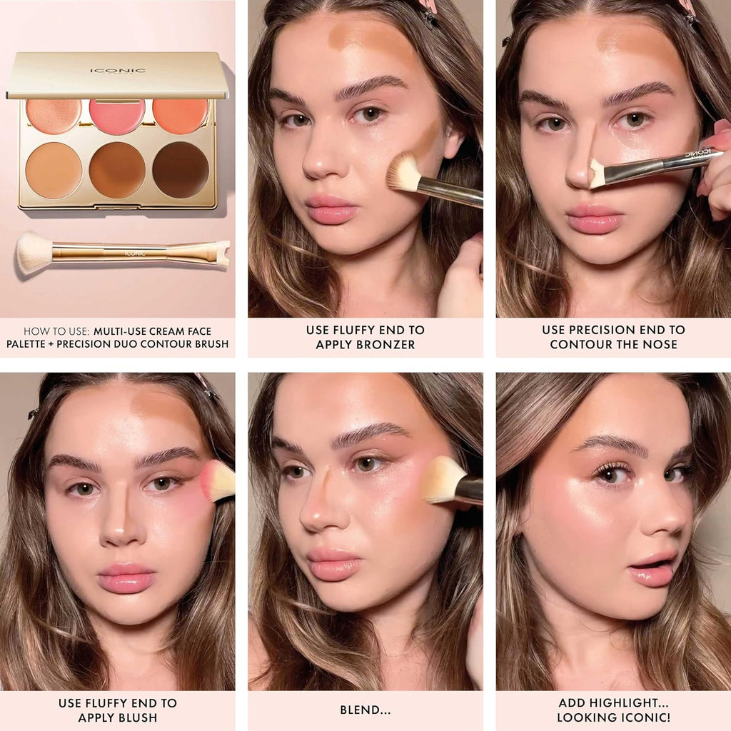 ICONIC LONDON Multi Use Cream Blush, Bronze, and Highlight Palette & Precision Duo Contour Brush Bundle | Contour, Conceal and Highlight with Two Sided Makeup Brush for Contouring