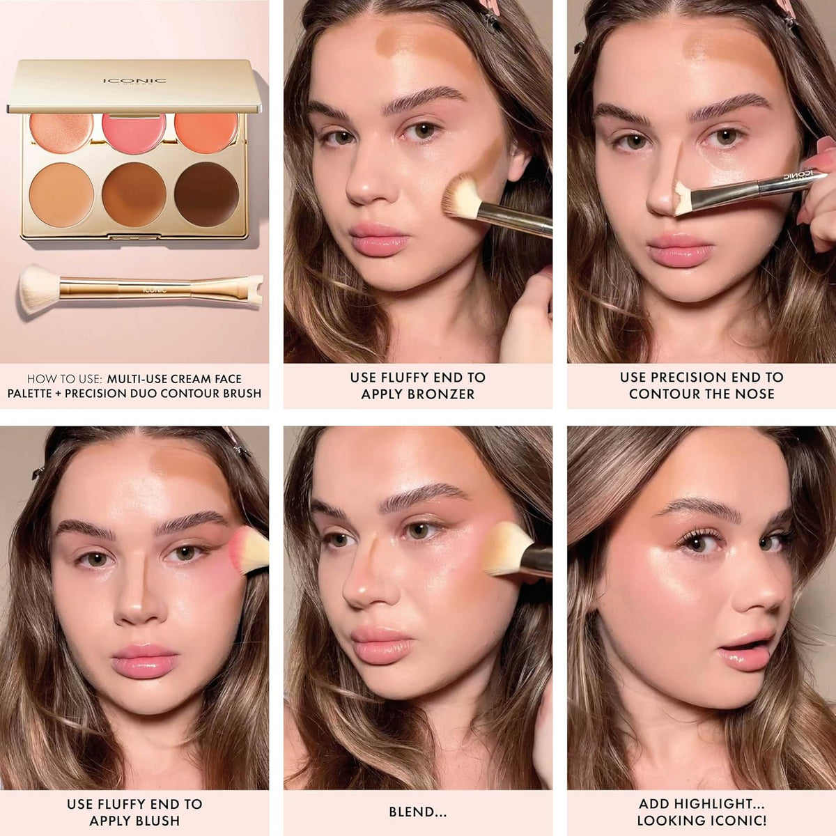 ICONIC LONDON Multi Use Cream Blush, Bronze, and Highlight Palette & Precision Duo Contour Brush Bundle | Contour, Conceal and Highlight with Two Sided Makeup Brush for Contouring